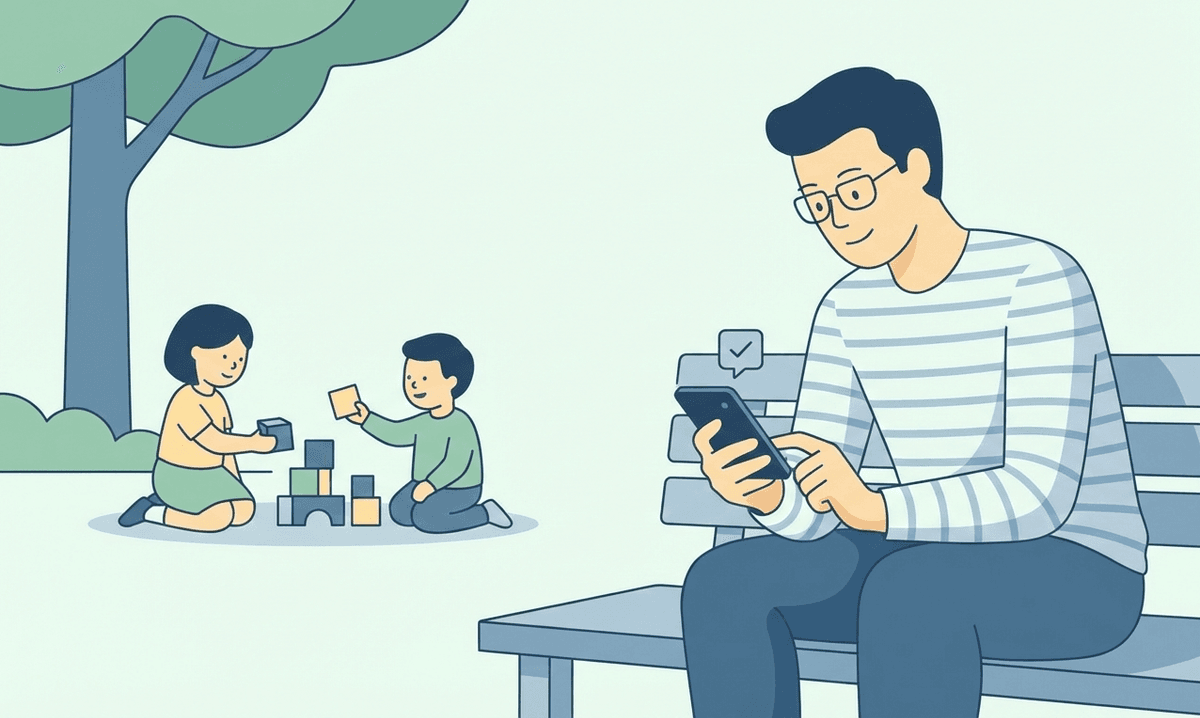 cartoon man checks phone in park