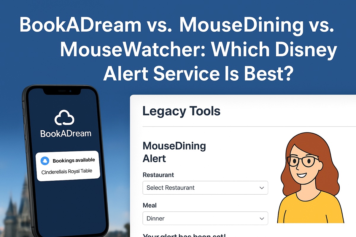 Comparison illustration showing BookADream, MouseDining, and MouseWatcher Disney alert service logos